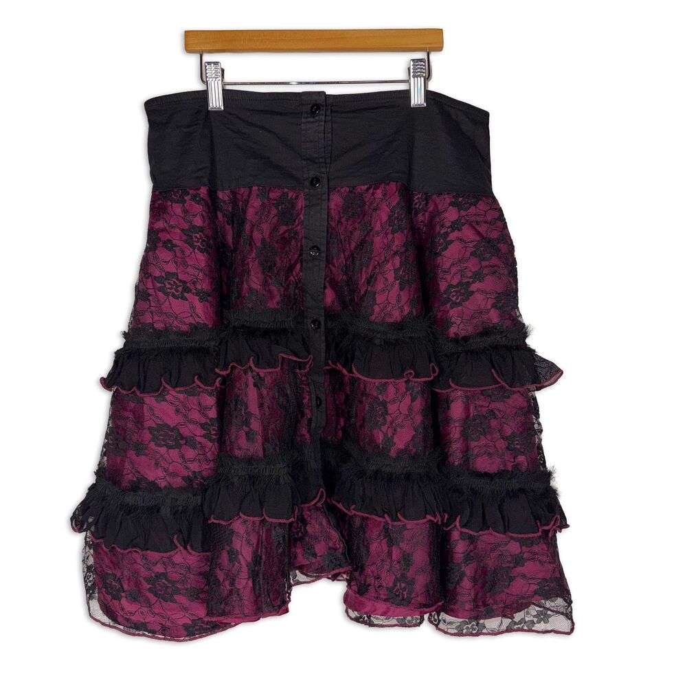 Vintage Y2K Serious Los Angeles Black Pink Lace Tiered Ruffle Skirt Goth L